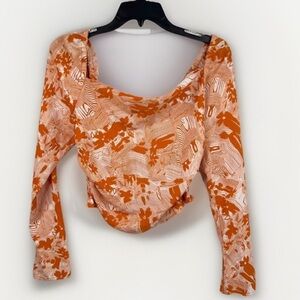 Open Edit Orange White Cowl Neck Long Sleeve Top XXS Smocked Back